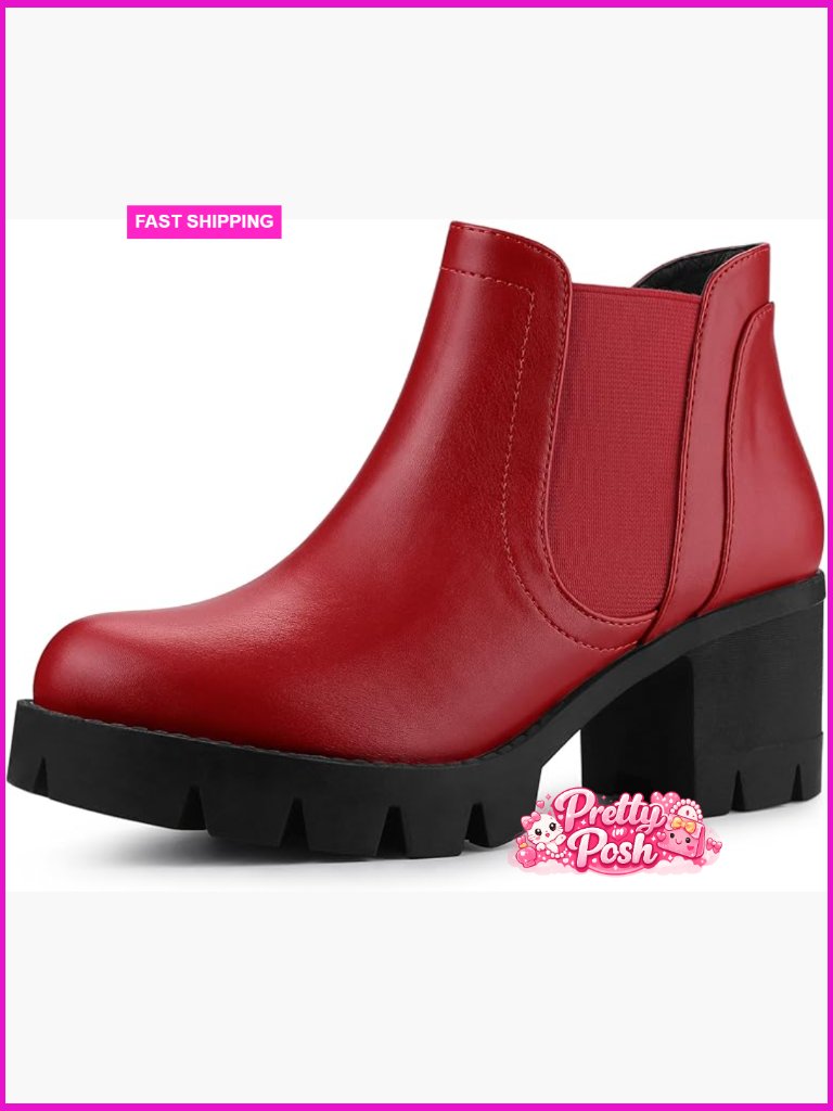 Lug Sole Chunky Heel Chelsea Ankle Boots Women's Pu Leather Tpr Outsole